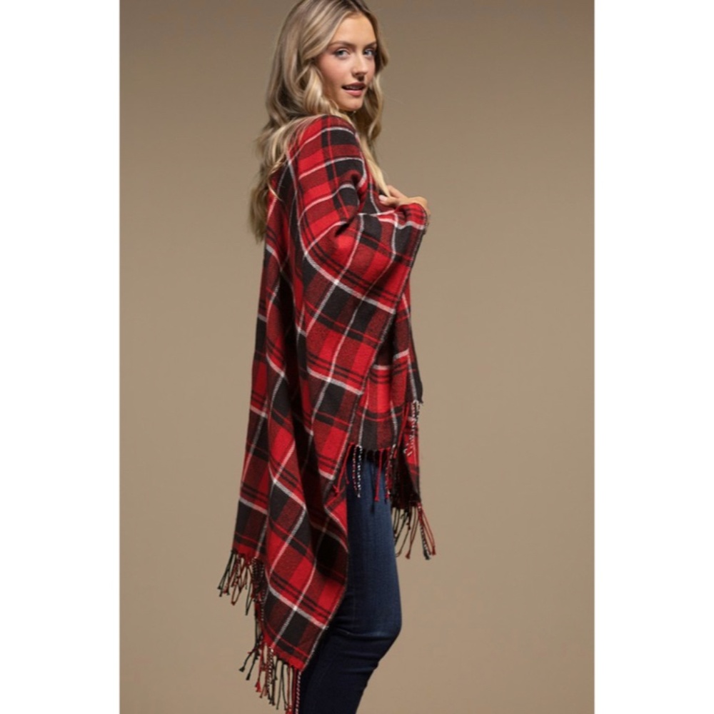 SOLD OUT Red Black Plaid Blanket Ruana Knit Fall Winter Fringe Open Poncho Wrap - Picture 3 of 7